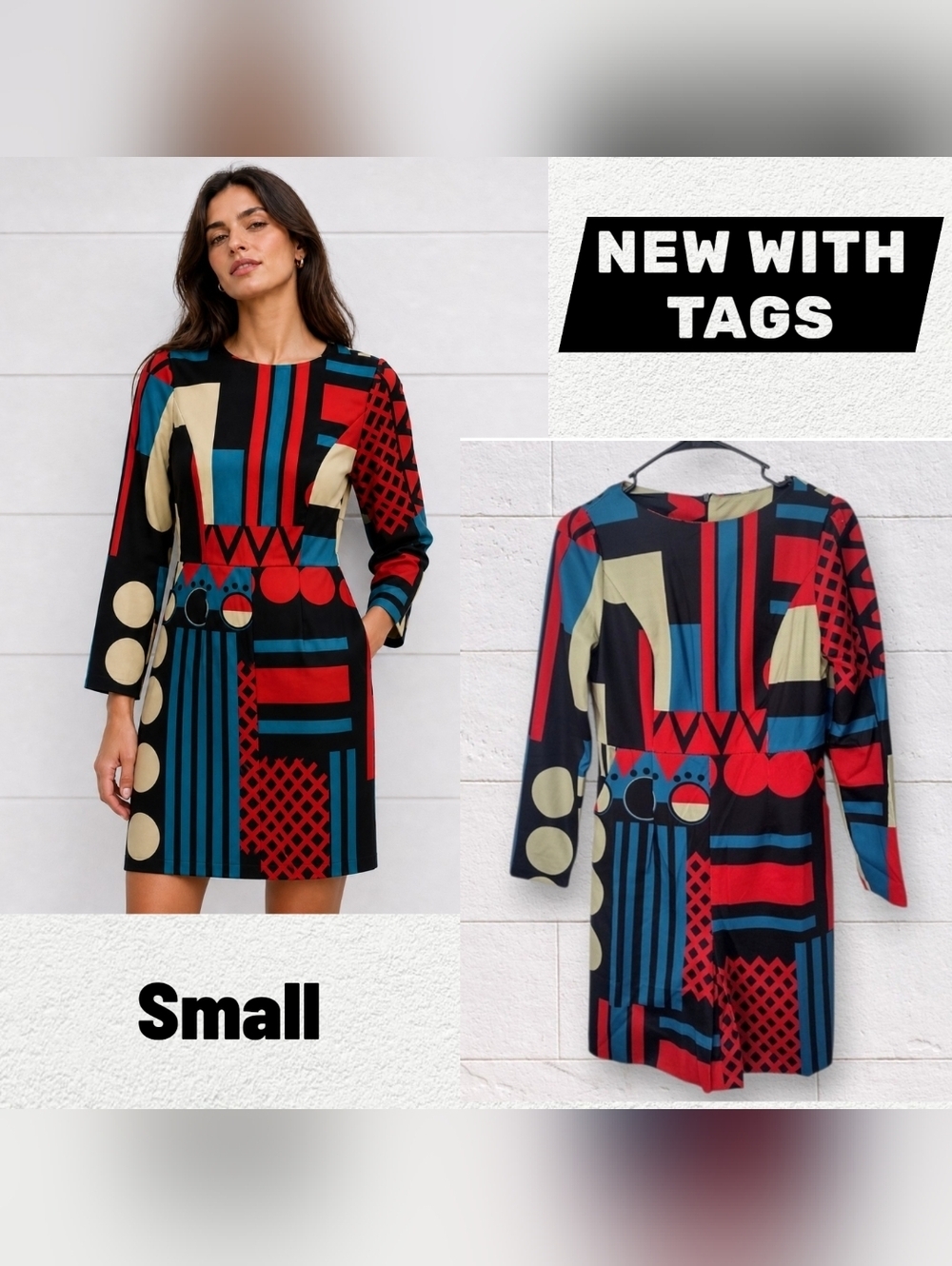 A-Thena Geometric Print Dress With Pockets Size Small - New With Tags